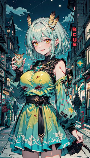 woman, short hair, big boobs, yellow eyes, anime background, smooth graphic, green dress, holding an owl, blood in face, night street, city background, glowing in the dark, blue hair, smile, resolution 8k