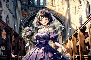 woman wearing a purple dress, holding wedding flowers, short hair, in the church, smiling