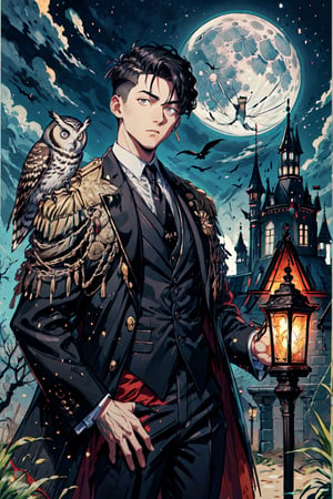 man, black hair, black suit, owl on shoulder, staring intently, grey eyes, undercut hairstyle, wearing a tie, 8k resolution, smooth graphic, holding a kerambit, castle background, moon
