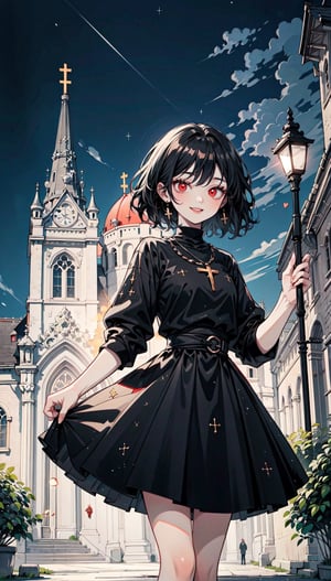woman,  short hair, red eyes,  anime background,  smooth graphic, black dress,  holding a gospel,  night street, church background,  glowing in the dark,  resolution 8k, smile, black hair