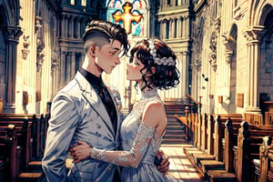 a man and a woman kissing, the man wears a white suit and the woman wears a white dress, undercut men's hairstyles and short hair women's hairstyles, church background, smooth graphic, resolution 8k