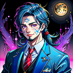 A Portrait of handsome man wearing a blue suit, mullet style hair, 17 years old age, thick beard, dark lightning, low light, highly detailed 10k, smile expression, cross tattoo , glowing purple eyes, crow full moon, blood spots, face scars