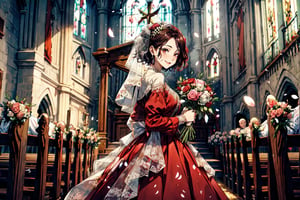 woman wearing a red dress, holding wedding flowers, short hair, in the church, smiling, two finger photo style