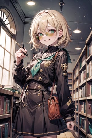 woman,  short hair, green eyes,  anime background,  smooth graphic, uniform school, glowing in the dark,  gold hair,  smile,  resolution 8k, sunglasses, holding a pen, school background, library 