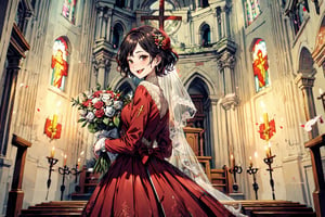 woman wearing a red dress, holding wedding flowers, short hair, in the church, smiling, sticking out his tongue