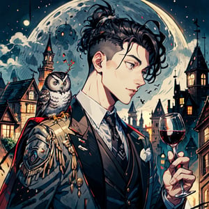 man, black hair, black suit, owl on shoulder, staring intently, grey eyes, undercut hairstyle, wearing a tie, 8k resolution, smooth graphic, castle background, moon, holding a wine, zoomy face
