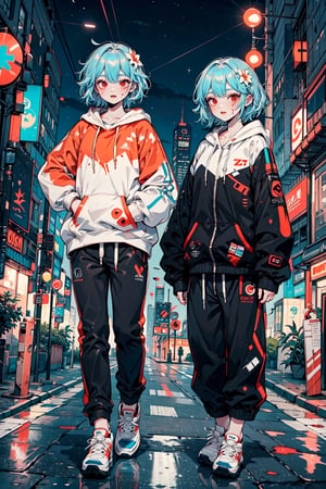 wearing oversized hoodie orange colour, blood face, red eyes, long hair, wearing trousers, wearing sports shoes, flower in hair, city background, night street, cyberpunk, high resolution 9k, smooth graphic, blue hair colour, holding a card