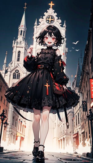 woman,  short hair, red eyes,  anime background,  smooth graphic, black dress,  holding a dice,  night street, church background,  glowing in the dark,  resolution 8k, smile, black hair, fangs