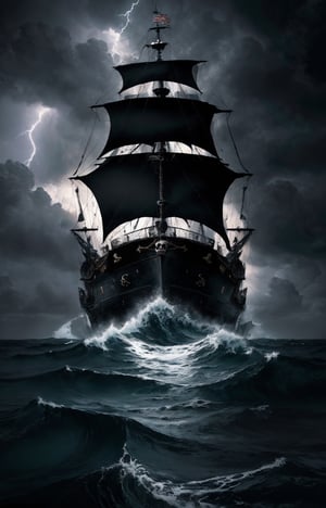 Realistic, hyper detailed, award winning masterpiece, full body portrait, ((ultra-high resolution 16k intense color portrait)), in the deep ocean, rough sea waves a large pirates ship with a black skull flag on top, ultra realistic, Hyper, vibrant light, storm, clouds, lightning, rough weather cinematic background