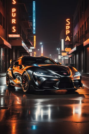 A sleek and sporty image featuring a black Supra car, parked on a dimly lit street with a subtle orange glow from the nearby neon signs. The car's glossy paint job reflects the surrounding urban landscape, highlighting its sharp lines and angular design. The camera is positioned at a slight angle, emphasizing the vehicle's aggressive stance and powerful presence.