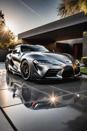 A sleek Supra sports car sits prominently on a dark gray concrete driveway, its glossy black finish glistening in the warm afternoon sunlight. The low-slung vehicle's bold lines and angular design seem to leap out from the frame, as if frozen in motion. A subtle sheen highlights the car's curves, drawing the viewer's eye towards its powerful stance.