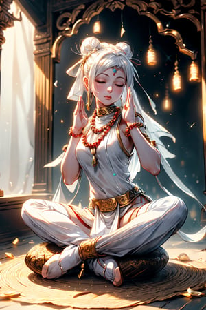 (1 female Bodhisattva:1.4) sitting on Round straw mat, (indian style:1.3), sitting in straw mat, (Round straw mat:1.3), (Meditation position:1.3), (Raise hands, crossed hands, Prayer position:1.3), dignified and beautiful, wearing (white silk Buddha clothes:1.3), (white silk:1.3),has (white hair:1.2), (bun:1.2), french braid,white transparent veil, futon, closed eyes, jewelry, necklace, (Buddha beads:1.2), (White cloth shoes), White socks, (eromanga:1.2), (megami:1.2)