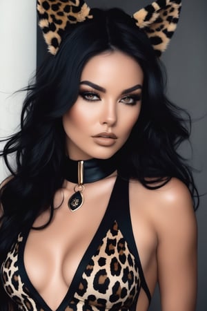 A sultry solo shot of a girl with long, raven-black hair adorned with animal ears and a delicate choker. She wears a form-fitting bodysuit showcasing her curves, featuring a bold leopard print design that accentuates her physique. The camera captures her from the waist up, framing her striking features and emphasizing the alluring juxtaposition of wild and tame.
