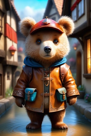 Hyper-detailed painting, Jean-Baptiste Monge style, The cute little brave bear is in the novice village, wearing adventurer clothes, splash, glittering, cute and adorable, filigree, lights, fluffy, magic, surreal, fantasy, digital art, ultra hd, hyper-realistic illustration, vivid colors, UHD, cinematic perfect light, greg rutkowski