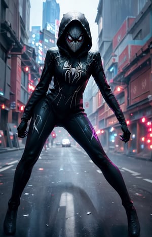 Spider Gwen as a dominatress in a hoodie spider suit, full body, photo realistic, insane detail, 8k, rtx, octane render, graceful curves, cinematic lighting, high sharpness, high contrast.,gwen,