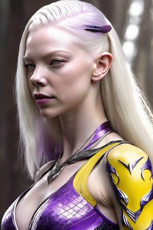 (Anya Taylor-Joy) as an albino Na'vi, female, ((white skin)), ((albinism)), ((white hair)), (long straight hair), (purple colored eyes), pale (barely visible) stripes, white color palette, smiling, pointy teeth, beautiful na'vi, action scene, portrait view, profile view, realistic_eyes, hyper_realistic, extreme details, HDR, 4k quality, perfect quality, perfect image, HD quality, movie scene, Read description, ADD MORE DETAIL