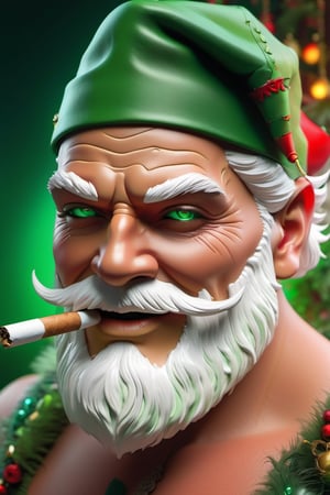 ((1man)), ((solo))(((masterpiece, high quality, hyper-realistic photo, close up photography))), 1-EYEPATCH Gangster santa clause, evil smile, cigarette smokes, (((shiny green eyes))), strong jaw, ((thick white beard)), ultra detailed photography, award winning photography, studio photo, fisheye lens, vibrant color, dark atmosphere,Portrait, Movie Still, more detail XL ,perfect teeth, detailed eyes, smoke on mouth, horror half face mask,midjourney, octane render, 3d art