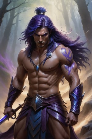 A dramatic scene unfolds as the fierce warrior, his skin a deep shade of purple with a blue tint, seethes with rage. His wild, purple-blue locks whip around his face like a stormy vortex. A solitary mole on his eye seems to pulse with anger, matching the intensity in his gaze. The immortal spear, its mystical power coursing through him, is hurled forth as if driven by his very essence. The composition is dynamic, with the warrior's body and arms forming a powerful diagonal line that draws the viewer's attention. Soft, golden light illuminates the scene from above, casting a warm glow on the dark, moody atmosphere.