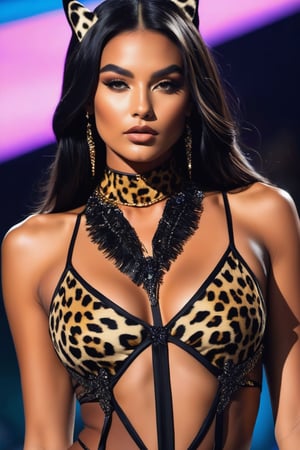 A close-up shot of a confident young woman with long, dark hair flowing down her back and adorned with striking animal ears. She wears a sleek black bodysuit featuring vibrant leopard print accents, drawing attention to her toned physique. A delicate choker adds a touch of elegance around her neck. Her chest is accentuated by her generous bustline, as she strikes a sassy pose.