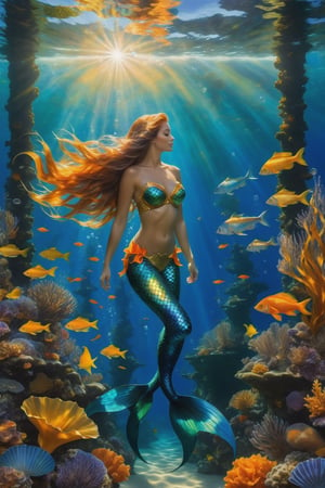 Vibrant underwater scene: A scuba-diving figure hovers beside a majestic mermaid, her shimmering scales illuminated by sunlight filtering down from above. A kaleidoscope of fish - iridescent blues, fiery oranges, and sunshine yellows - dart around them amidst delicate blue sponges swaying gently in the current and lush green seaweed wafting like a curtain of gold. The diver's bubbles rise lazily towards the surface as the mermaid's long hair flows like seaweed in the ocean's gentle caress.