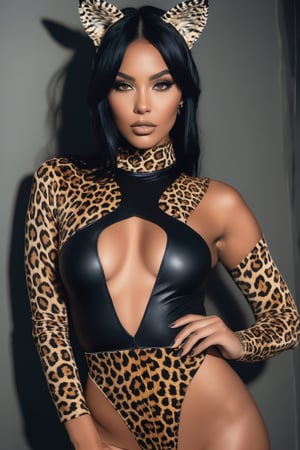 A sultry solo shot of a girl with long, raven-black hair adorned with animal ears and a delicate choker. She wears a form-fitting bodysuit showcasing her curves, featuring a bold leopard print design that accentuates her physique. The camera captures her from the waist up, framing her striking features and emphasizing the alluring juxtaposition of wild and tame.