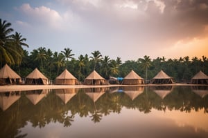 Real photo, view of an Indian settlement. Indian tents. There's a bottle of rum everywhere. Beautiful tropical scenery. Brown water in the lake. Dark film lighting.
, dslr, ultra quality, sharp focus, tack sharp, dof, film grain, Fujifilm XT3, crystal clear, highly detailed glossy eyes, high detailed skin, skin pores,