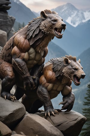 Create a realistic photograph of several Grottos, fantastical creatures resembling armored mammals with rugged, rock-textured fur and powerful limbs designed for traversing mountainous terrain. Each creature exhibits distinctive personality traits through their posture, expression, and interaction with one another. Set against a panoramic vista of a misty alpine valley during dawn, the photograph demonstrates exceptional command over lighting, color palette, and compositional elements, producing a visually engaging and emotionally resonant tableau. Carefully crafted details include accurately represented scales, musculature, and weathered scars consistent with the hardships faced by these remarkable beings.