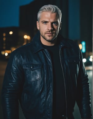 3/4 shot, Realistic photo of jaroslav, chubby_face:1.5, silver_hair, short_hair, thick_hair:1.5, blue_eyes, muscular, Tough guy, hardened face, full of scars, wrinkles, black leather jacket, blue jeans, burning city at night in the background
,RAW candid cinema, 16mm, color graded portra 400 film, remarkable colors, ultra realistic,, captured on (Nikon D850),
