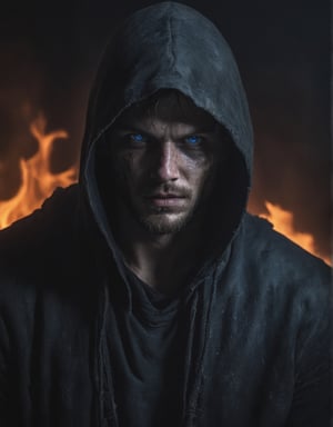 realistic photo,full_body,solo, ((jaroslav)),(scarred face),(scarred skin), (blue eyes), not looking at viewer, 1boy, upper body, male focus, hood, facial hair, fire, hood up, realistic, old, old man, dark background,demonic lighting,

