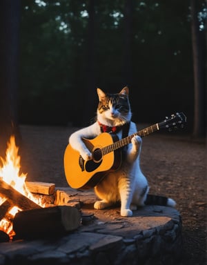 real photo of cat playing acoustic guitar at campfire