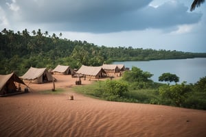 Real photo, view of an Indian settlement. Indian tents. There's a bottle of rum everywhere. Beautiful tropical scenery. Brown water in the lake. Dark film lighting.
, dslr, ultra quality, sharp focus, tack sharp, dof, film grain, Fujifilm XT3, crystal clear, highly detailed glossy eyes, high detailed skin, skin pores,