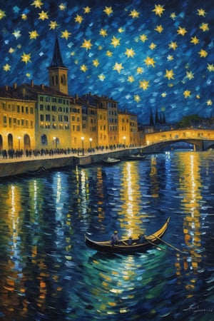Create a striking oil painting reproduction that showcases visible brushwork, emulating the style of Vincent van Gogh's Starry Night Over the Rhone. Rendered in rich, vibrant colors and bold, sweeping strokes, the artwork should exude energy and movement, drawing the viewer into the scene. Focus on capturing the play of light and shadow on the rippling surface of the river, the swirling night sky overhead, and the twinkling lights of the cityscape in the distance. Ensure that each stroke remains distinct and recognizable, conveying the artist's hand and adding character to the piece.