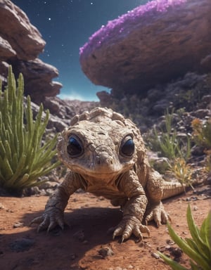 (realistic photo):1.7 of A (alen_cute_animal in the name of Grattodlak), from another planet looks cute,In the background is a beautiful alien nature full of colors and alien plants, (realistic color, realistic):1.5, detailed_real_skin, detailed_real_eyes,