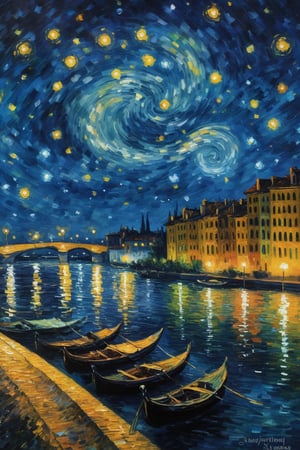 Create a striking oil painting reproduction that showcases visible brushwork, emulating the style of Vincent van Gogh's Starry Night Over the Rhone. Rendered in rich, vibrant colors and bold, sweeping strokes, the artwork should exude energy and movement, drawing the viewer into the scene. Focus on capturing the play of light and shadow on the rippling surface of the river, the swirling night sky overhead, and the twinkling lights of the cityscape in the distance. Ensure that each stroke remains distinct and recognizable, conveying the artist's hand and adding character to the piece.