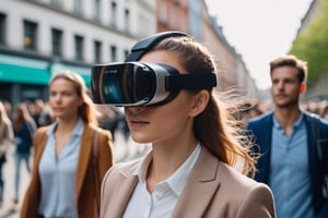 Realistic photograph from a beautiful future. People on the street are all wearing (VR with display that shows their eyes).
, dslr, ultra quality, sharp focus, tack sharp, dof, film grain, Fujifilm XT3, crystal clear, high detailed skin, skin pores