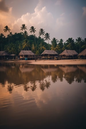 Real photo, view of an Indian settlement. There's a bottle of rum everywhere. Beautiful tropical scenery. Brown water in the lake. Dark film lighting.
, dslr, ultra quality, sharp focus, tack sharp, dof, film grain, Fujifilm XT3, crystal clear, highly detailed glossy eyes, high detailed skin, skin pores,