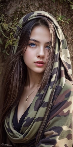 A hyperrealistic image of a young actress from a film based on the book, a stunning young girl with captivating blue eyes and long straight hair, in a fantastic camouflage kimono, a girl and a film, is in a fantastic world of the future, in an unusual mysterious place, a fantastic atmosphere around, a girl dressed in a fantastic camouflage kimono, her parted lips radiate a sophisticated The charm. The artist's name is elegantly inscribed in the composition, expressive and captivating lips, realistic details, give authenticity, an artful image of a girl.