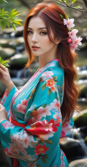 Portrait of a girl, standing, close-up, in a bright kimono, beautiful full natural breasts of a girl, bangs, long red hair, outdoors, beautiful lips, day, spring, stream, tree, plant, nature, forest, flowers, (masterpiece, best quality, super detail), (perfect hands, perfect anatomy), High detail, detailed background, anatomically correct, uncensored, beautiful face, detailed hands, perfect eyes, expressive eyes, best quality, masterpiece, 4k.