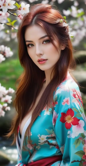 Portrait of a girl, standing, close-up, in a bright kimono, beautiful full natural breasts of a girl, bangs, long red hair, outdoors, beautiful lips, day, spring, stream, tree, plant, nature, forest, flowers, (masterpiece, best quality, super detail), (perfect hands, perfect anatomy), High detail, detailed background, anatomically correct, uncensored, beautiful face, detailed hands, perfect eyes, expressive eyes, best quality, masterpiece, 4k.