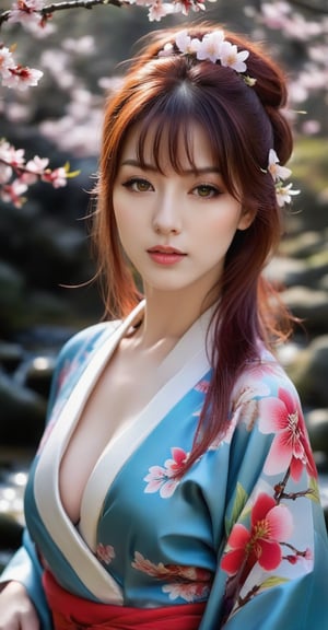 Portrait of a girl, standing, close-up, in a kimono, beautiful full natural breasts of a girl, bangs, long red hair, outdoors, beautiful lips, day, spring, stream, tree, plant, nature, forest, flowers, (masterpiece, best quality, super detail), (perfect hands, perfect anatomy), High detail, detailed background, anatomically correct, uncensored, beautiful face, detailed hands, perfect eyes, expressive eyes, best quality, masterpiece, 4k.