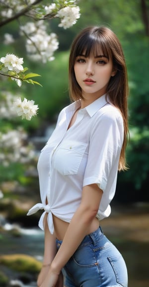 Portrait of a girl, standing, close-up, in a white short sleeve shirt, in short denim shorts, beautiful full natural breasts of a girl, bangs, long hair, outdoors, beautiful lips, day, spring, stream, tree, plant, nature, forest, flowers, (masterpiece, best quality, super detail), (perfect hands, perfect anatomy), High detail, detailed background, anatomically correct, uncensored, beautiful face, detailed hands, perfect eyes, expressive eyes, best quality, masterpiece, 4k.