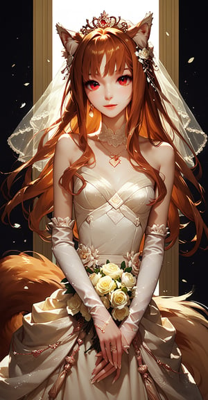 score_9, score_8_up, score_7_up, A beautiful wolf girl Holo, standing against the background of summer nature, Holo poses dressed in a luxurious wedding dress, her cute ears and magnificent wolf tail harmoniously complement the wedding outfit, beautiful bangs with brown hair, a wedding atmosphere in nature.