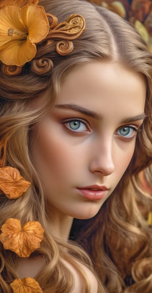 1 Girl, the temptation of sweet pleasure with a hint of guilt, hyperrealism (8K, raw photo, highest quality, masterpiece: 1.2), fantasy art, natural skin texture, long hair, detailed Art Nouveau background.