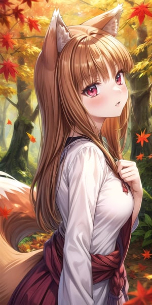 1 Holo girl, autumn forest, standing, in traditional clothes, blush, path leading to the forest, jumping, catching falling leaves, leaf fall, flowers grow on both sides of the path, seductive look, wolf ears, 1 wolf tail, bangs, long hair, parted lips, (masterpiece, best quality, super detail), (perfect hands, perfect anatomy), High detail, detailed background, anatomically correct, beautiful face, detailed hands, perfect eyes, expressive eyes, best quality, masterpiece, 4k, Holo, wolf ears, wolf tail, beautiful breasts, summer clothes,