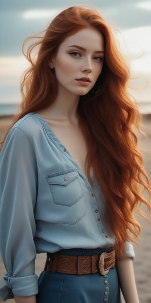 photorealistic,portrait of hubggirl, (ultra realistic,best quality),photorealistic,Extremely Realistic, in depth, cinematic light, 1girl,(long red hair:1.4),outdoors,(front:1.3),(standing:1.3),seaside,cloudy sky,High-low skirt,(cowboy_shot:1.2),navelwavy hair, perfect lighting, vibrant colors, intricate details, high detailed skin, pale skin, intricate background, realism,realistic,raw,analog,portrait,photorealistic, taken by Canon EOS,SIGMA Art Lens 35mm F1.4,ISO 200 Shutter Speed 2000,Vivid picture,