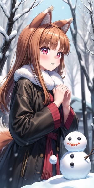 1 Holo girl, full-length, winter forest, snow, snowball fight, sculpts a snowman, needles, spruce, in warm traditional clothes, blush, seductive look, wolf ears, 1 wolf tail, bangs, long hair, parted lips, (masterpiece, best quality, super detail), (perfect hands, perfect anatomy), High detail, detailed background, anatomically correct, beautiful face, detailed hands, perfect eyes, expressive eyes, best quality, masterpiece, 4k, holo, wolf ears, wolf tail, medium chest, winter clothes,