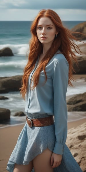 photorealistic,portrait of hubggirl, (ultra realistic,best quality),photorealistic,Extremely Realistic, in depth, cinematic light, 1girl,(long red hair:1.4),outdoors,(front:1.3),(standing:1.3),seaside,cloudy sky,High-low skirt,(cowboy_shot:1.2),navelwavy hair, perfect lighting, vibrant colors, intricate details, high detailed skin, pale skin, intricate background, realism,realistic,raw,analog,portrait,photorealistic, taken by Canon EOS,SIGMA Art Lens 35mm F1.4,ISO 200 Shutter Speed 2000,Vivid picture,