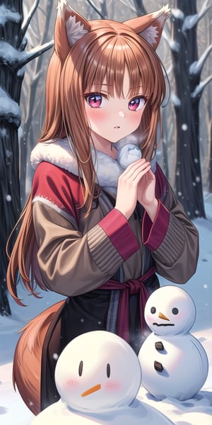 1 Holo girl, full-length, winter forest, snow, snowball fight, sculpts a snowman, needles, spruce, in warm traditional clothes, blush, seductive look, wolf ears, 1 wolf tail, bangs, long hair, parted lips, (masterpiece, best quality, super detail), (perfect hands, perfect anatomy), High detail, detailed background, anatomically correct, beautiful face, detailed hands, perfect eyes, expressive eyes, best quality, masterpiece, 4k, holo, wolf ears, wolf tail, medium chest, winter clothes,