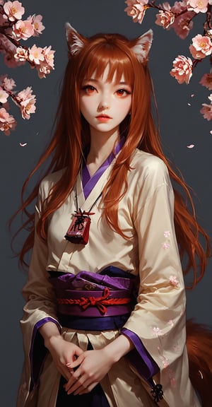 score_9, score_8_up, score_7_up, In a serene Japanese garden, a cyborg geisha stands amidst blooming cherry blossoms. Holo, wolf ears, wolf tail, bangs, brown hair, Her high-gloss white plastic body glimmers in the soft light, reflecting the vibrant hues of the surrounding flowers. The beautiful woman's photorealistic features are framed by a traditional kimono, its delicate patterns and fabrics subtly contrasting with her synthetic skin. As she poses, her android gaze is both alluring and unsettling, blending the boundaries between human and machine.