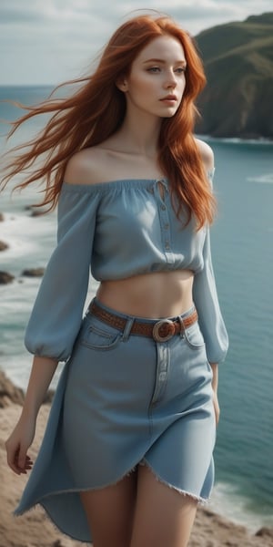 photorealistic,portrait of hubggirl, (ultra realistic,best quality),photorealistic,Extremely Realistic, in depth, cinematic light, 1girl,(long red hair:1.4),outdoors,(front:1.3),(standing:1.3),seaside,cloudy sky,High-low skirt,(cowboy_shot:1.2),navelwavy hair, perfect lighting, vibrant colors, intricate details, high detailed skin, pale skin, intricate background, realism,realistic,raw,analog,portrait,photorealistic, taken by Canon EOS,SIGMA Art Lens 35mm F1.4,ISO 200 Shutter Speed 2000,Vivid picture,